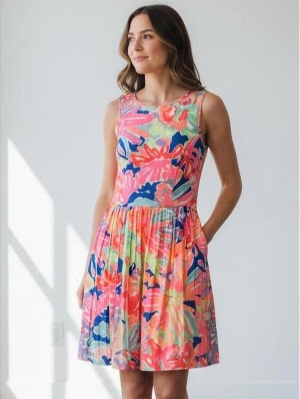 Lilly Pulitzer Neon Floral Tank Dress Size 00 Sleeveless Fit & Flare Pockets